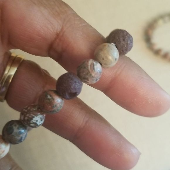 His & Hers Ocean Jasper & Dyed Lava Elastic Bracelets New Custom Made  7" & 8" - Picture 3 of 10